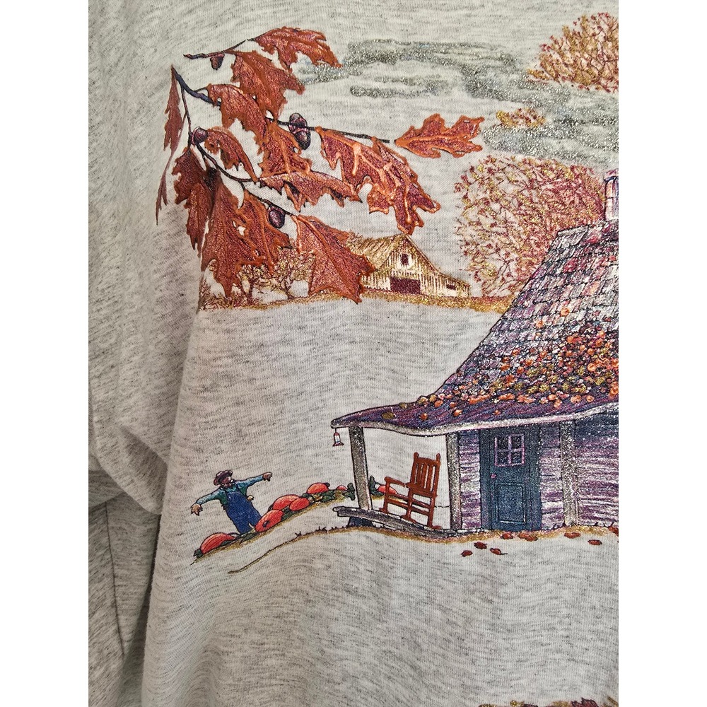 Vintage Autumn Cabin Pumpkin Fall Leaves Graphic Tshirt 2X - Picture 3 of 7
